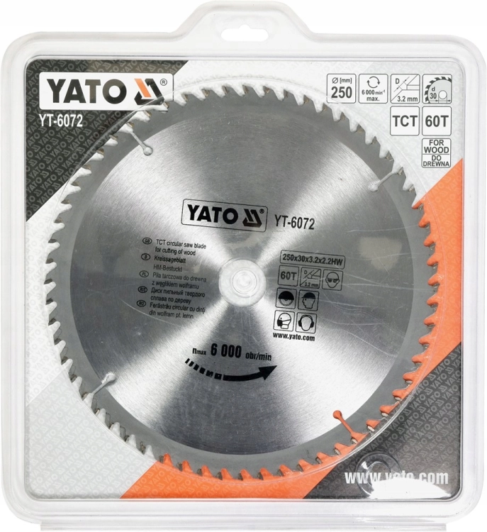 YATO TARCZA PIŁA TARCZOWA WIDIOWA DO CIĘCIA DREWNA 250MM X 30MM 60T YT-6072