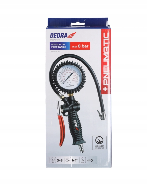 PISTOLET DO POMPOWANIA KÓŁ MANOMETREM WĘŻYKIEM 440 MM 12BAR 1/4'' DEDRA