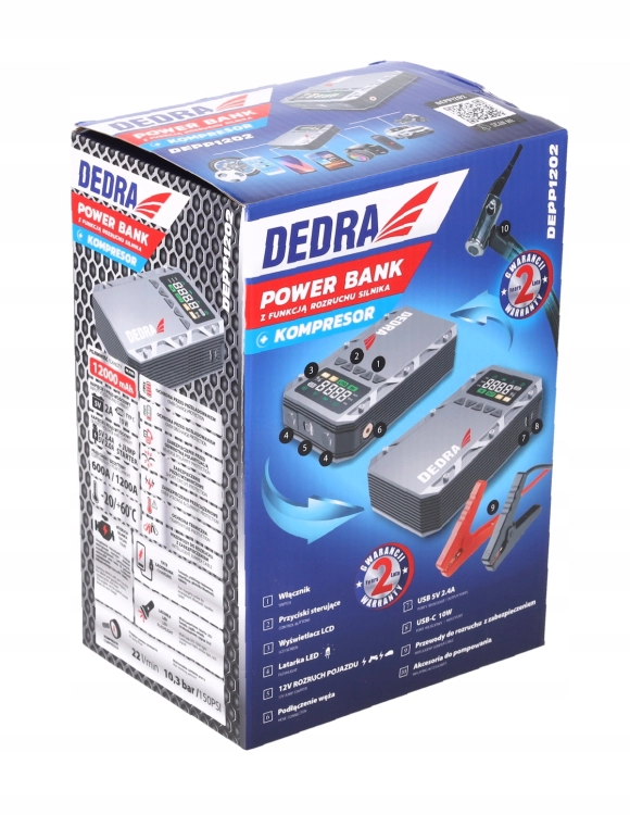 URZĄDZENIE ROZRUCHOWE BOOSTER 12V KOMPRESOR SAMOCHODOWY POWERBANK 12000MAH