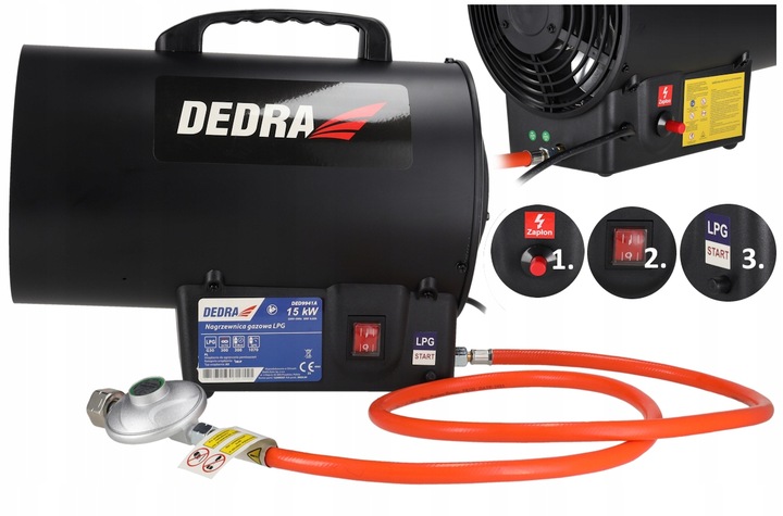 DEDRA NAGRZEWNICA GAZOWA 17kW DMUCHAWA WĄŻ REDUKTOR 230V + REDUKTOR Uchwyt