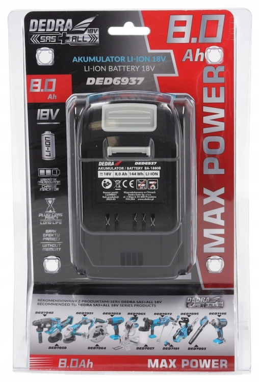 AKUMULATOR BATERIA DEDRA SAS+ALL 18V POJEMNOŚĆ 8 AH LI-ION 3 DIODY WSKAŹNIK
