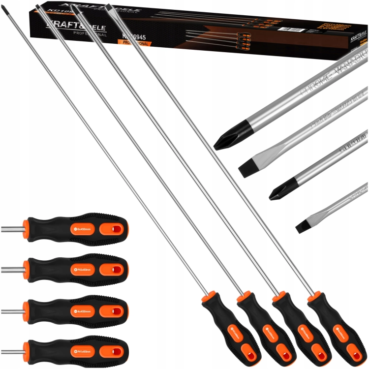 ZESTAW 4EL. ŚRUBOKRĘTÓW DŁUGICH 450 MM SL4 SL6 PH1 PH2 KRAFT&amp;DELE KD10945