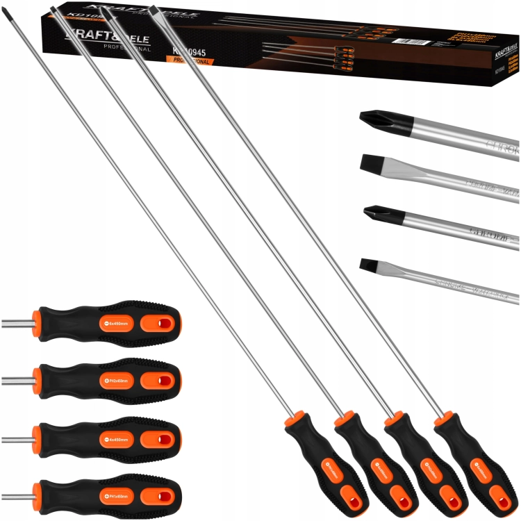ZESTAW 4EL. ŚRUBOKRĘTÓW DŁUGICH 450 MM SL4 SL6 PH1 PH2 KRAFT&amp;DELE KD10945