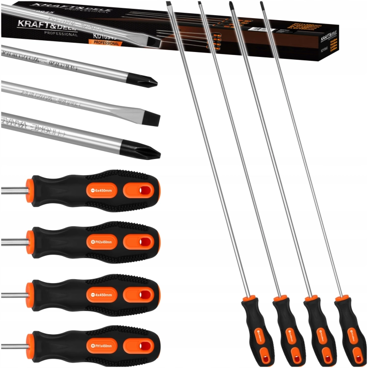 ZESTAW 4EL. ŚRUBOKRĘTÓW DŁUGICH 450 MM SL4 SL6 PH1 PH2 KRAFT&amp;DELE KD10945