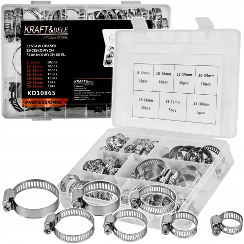 ZESTAW OPASEK ZACISKOWYCH ŚLIMAKOWYCH 60EL. 8-38mm ORGANIZER KRAFT KD10865