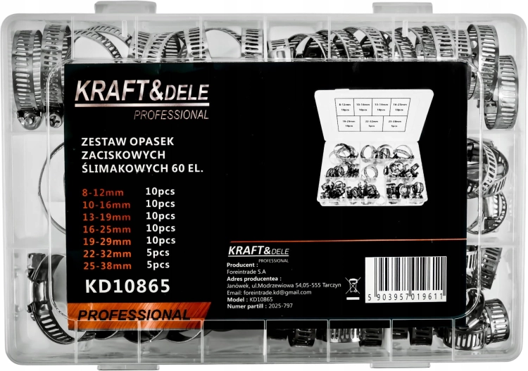 ZESTAW OPASEK ZACISKOWYCH ŚLIMAKOWYCH 60EL. 8-38mm ORGANIZER KRAFT KD10865