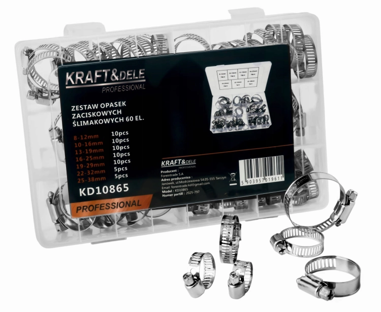 ZESTAW OPASEK ZACISKOWYCH ŚLIMAKOWYCH 60EL. 8-38mm ORGANIZER KRAFT KD10865