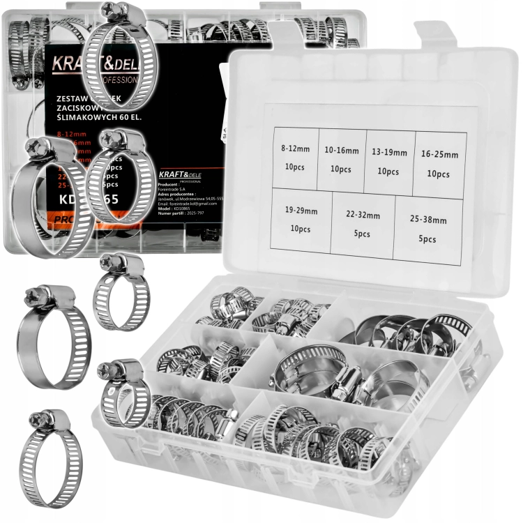 ZESTAW OPASEK ZACISKOWYCH ŚLIMAKOWYCH 60EL. 8-38mm ORGANIZER KRAFT KD10865
