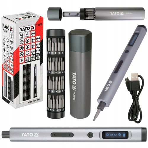 WKRĘTAK PRECYZYJNY AKUMULATOROWY 3,7V LED ZESTAW Z BITAMI 61el. USB-C YATO