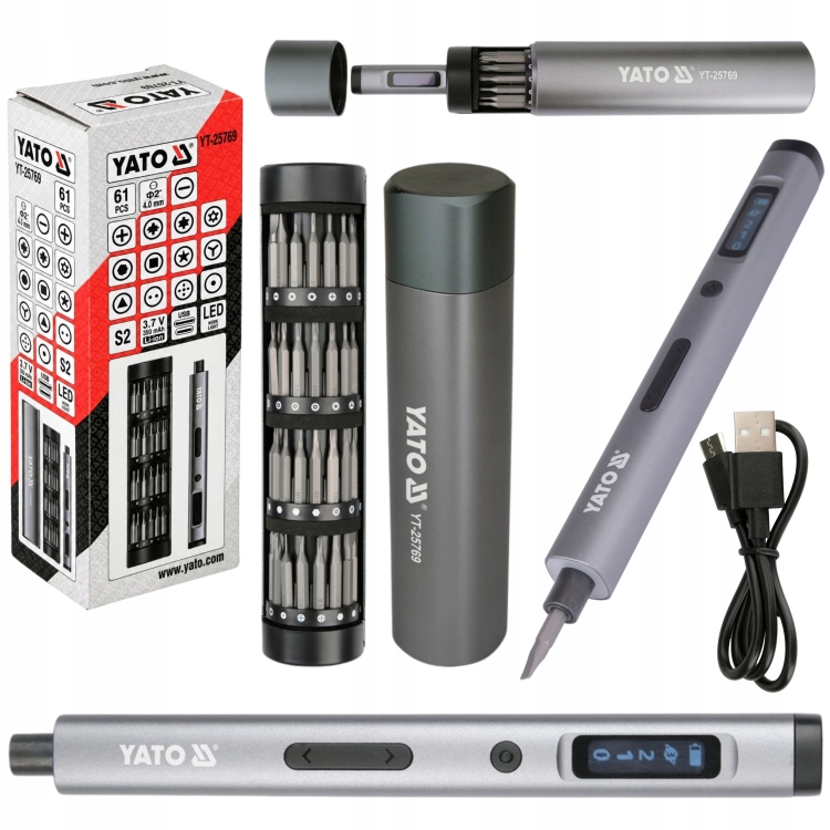 WKRĘTAK PRECYZYJNY AKUMULATOROWY 3,7V LED ZESTAW Z BITAMI 61el. USB-C YATO