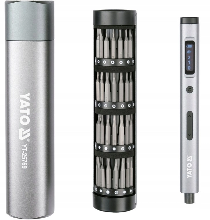 WKRĘTAK PRECYZYJNY AKUMULATOROWY 3,7V LED ZESTAW Z BITAMI 61el. USB-C YATO