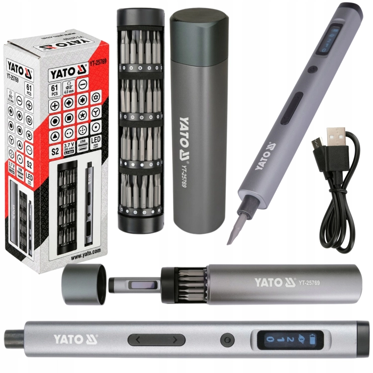 WKRĘTAK PRECYZYJNY AKUMULATOROWY 3,7V LED ZESTAW Z BITAMI 61el. USB-C YATO