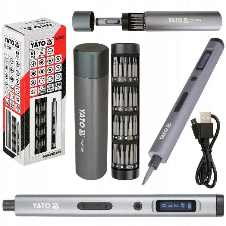 WKRĘTAK PRECYZYJNY AKUMULATOROWY 3,7V LED ZESTAW Z BITAMI 61el. USB-C YATO