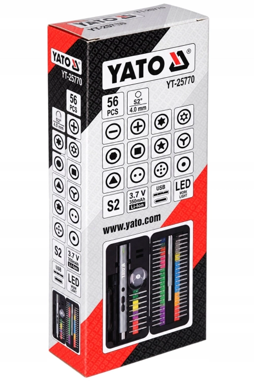 WKRĘTAK PRECYZYJNY AKUMULATOROWY 3,7V ZESTAW Z BITAMI 50el. USB-C LED YATO