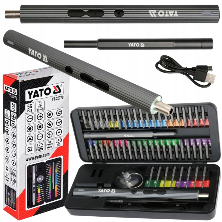 WKRĘTAK PRECYZYJNY AKUMULATOROWY 3,7V ZESTAW Z BITAMI 50el. USB-C LED YATO