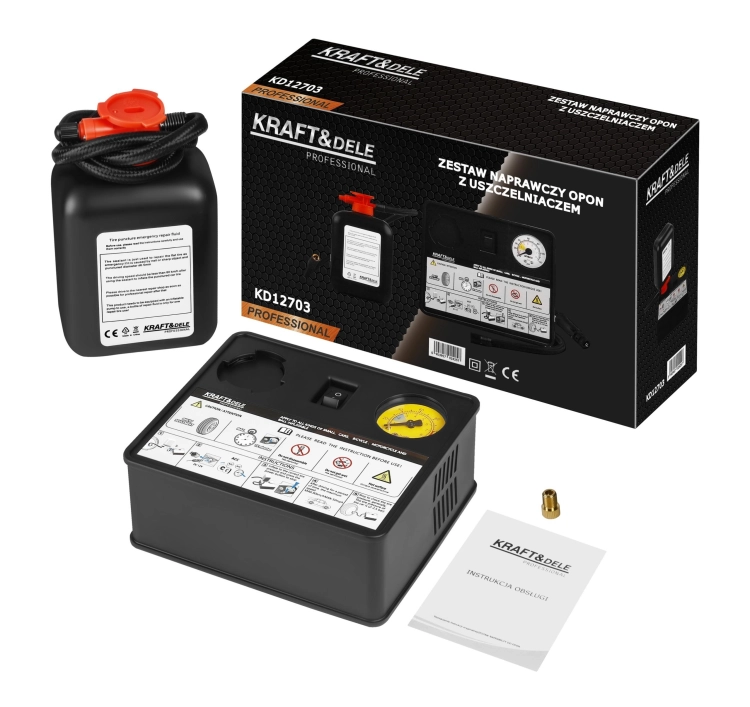 ZESTAW NAPRAWCZY DO OPON 12V 120W 10 bar KOMPRESOR USZCZELNIACZ 450 ml