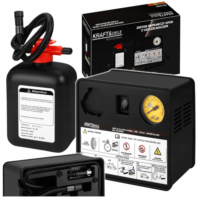 ZESTAW NAPRAWCZY DO OPON 12V 120W 10 bar KOMPRESOR USZCZELNIACZ 450 ml