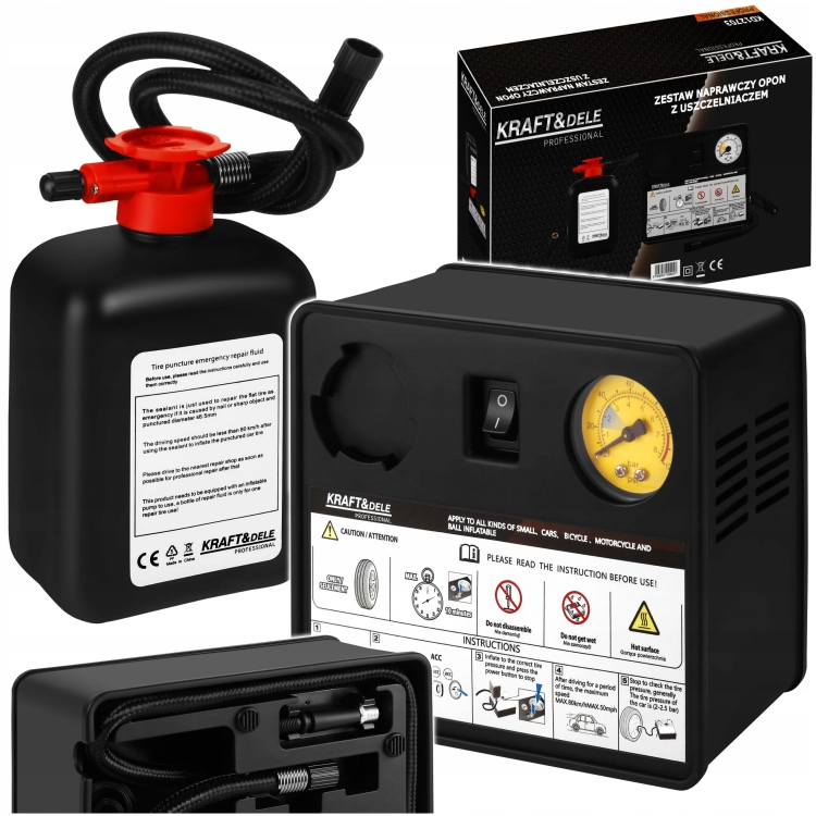 ZESTAW NAPRAWCZY DO OPON 12V 120W 10 bar KOMPRESOR USZCZELNIACZ 450 ml