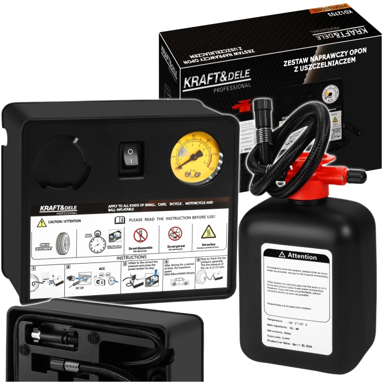 ZESTAW NAPRAWCZY DO OPON 12V 120W 10 bar KOMPRESOR USZCZELNIACZ 450 ml