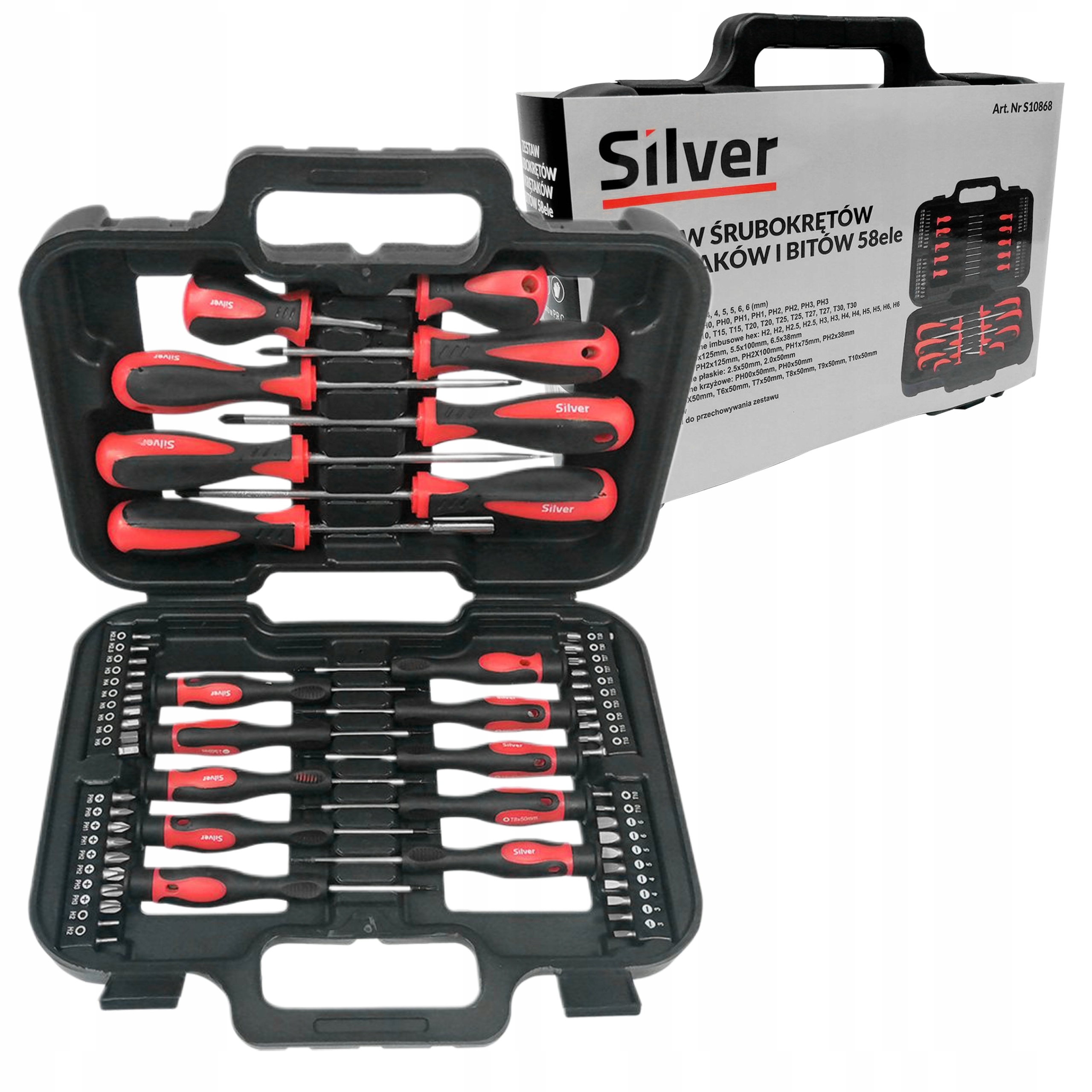 SILVER ZESTAW ŚRUBOKRĘTÓW WKRĘTAKÓW BITY 58EL MAGNETYCZNE WALIZKA S10868