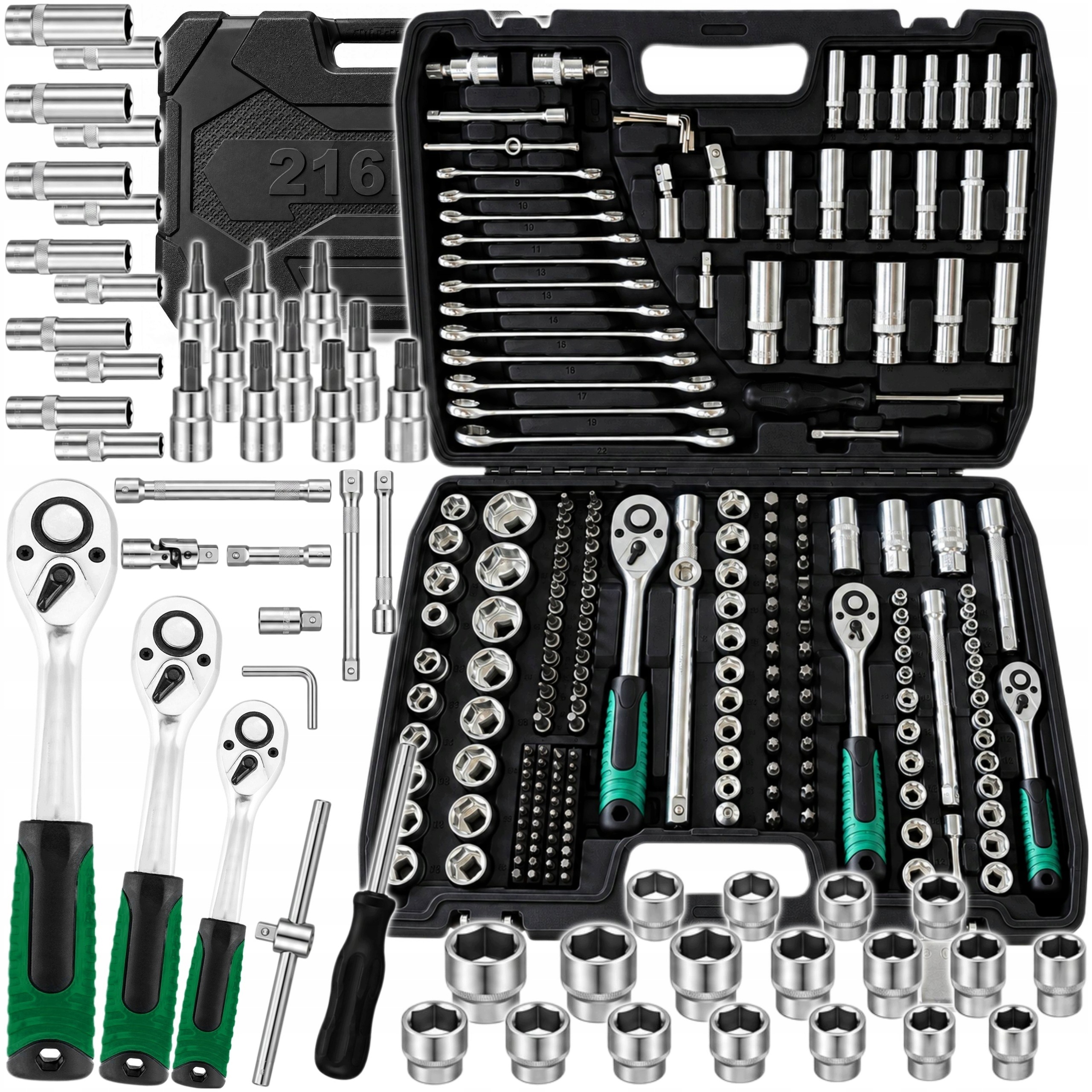 ZESTAW KLUCZY NASADOWYCH 216 ELEMENTÓW GRZECHOTKI 1/2''3/8''1/4'' CrV WALIZKA