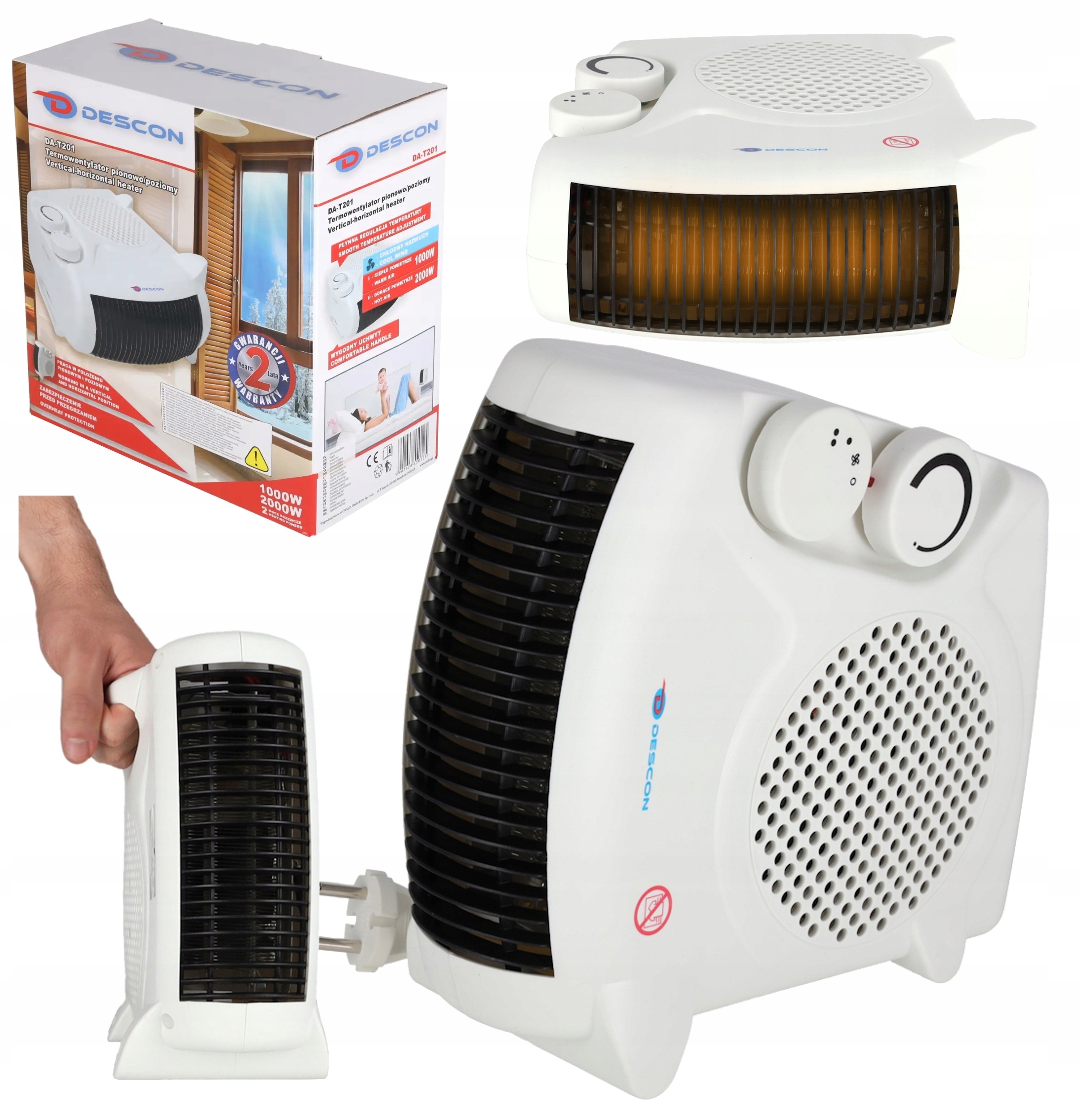 TERMOWENTYLATOR GRZEJNIK FARELKA 2000W TERMOSTAT PIONOWY POZIOMY KOMPAKTOWY