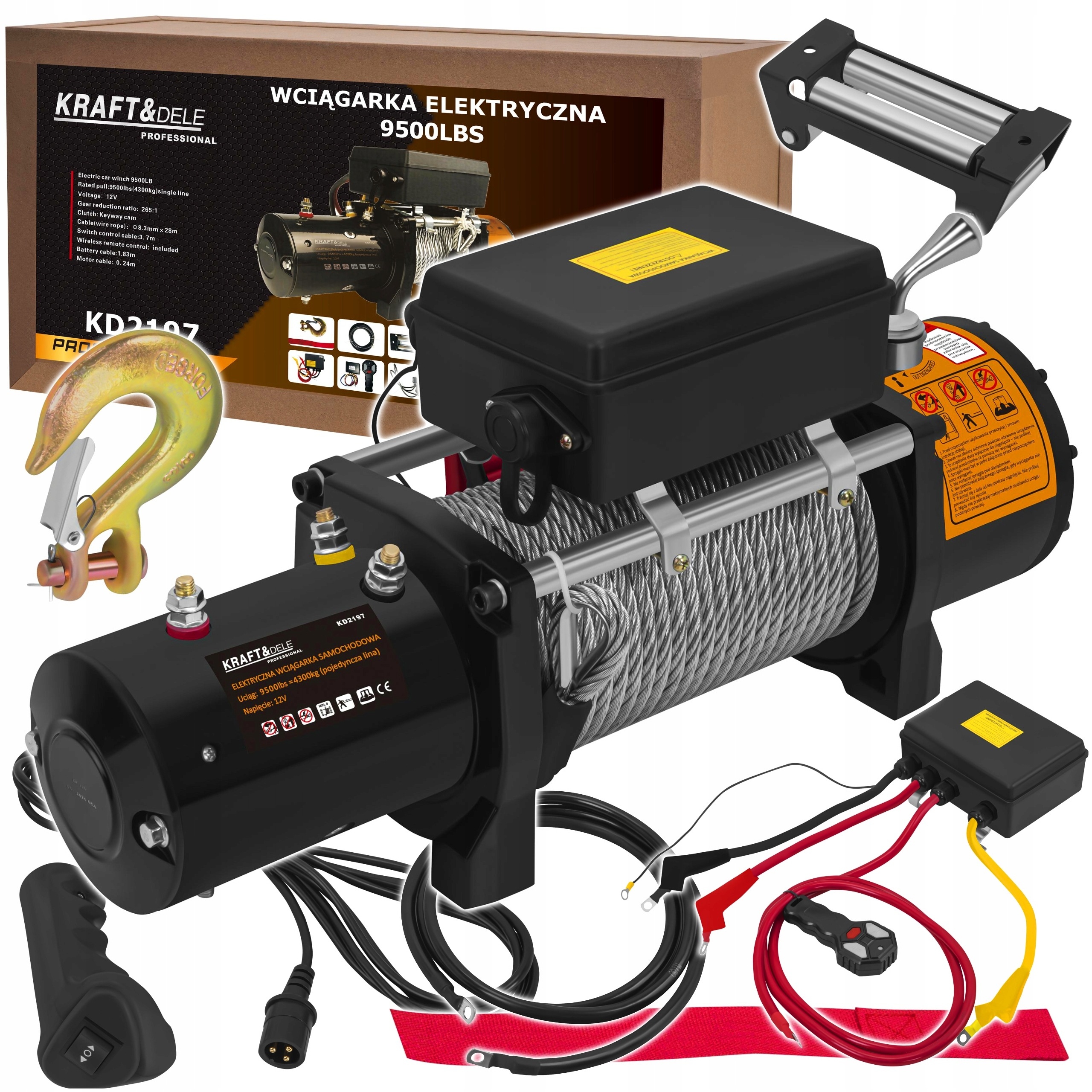 ELEKTRYCZNA WCIĄGARKA WYCIĄGARKA SAMOCHODOWA 4700W 4310KG 12V HAK LINA STAL