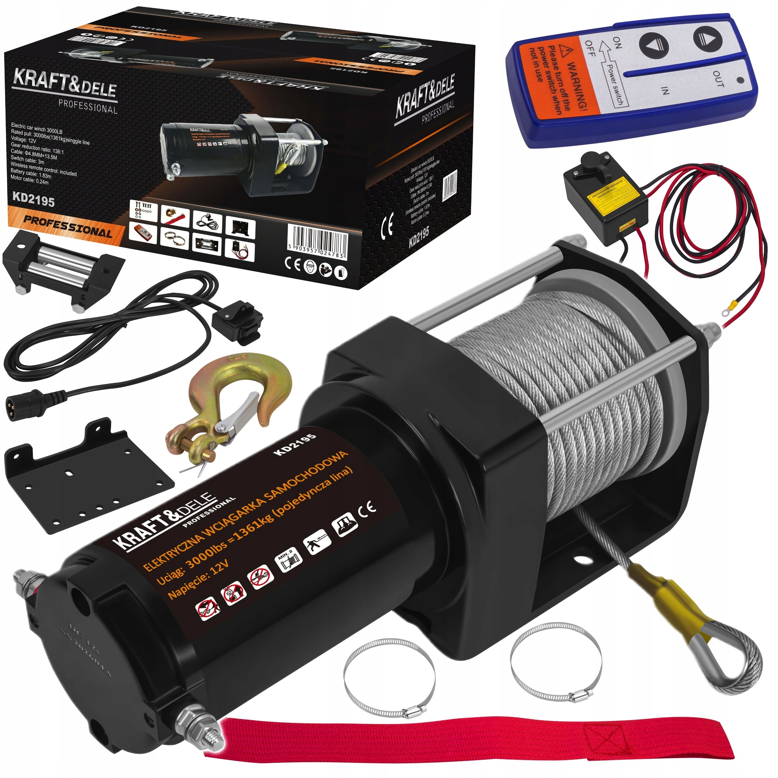 ELEKTRYCZNA WCIĄGARKA WYCIĄGARKA SAMOCHODOWA 1500W 1361KG 12V HAK LINA STAL