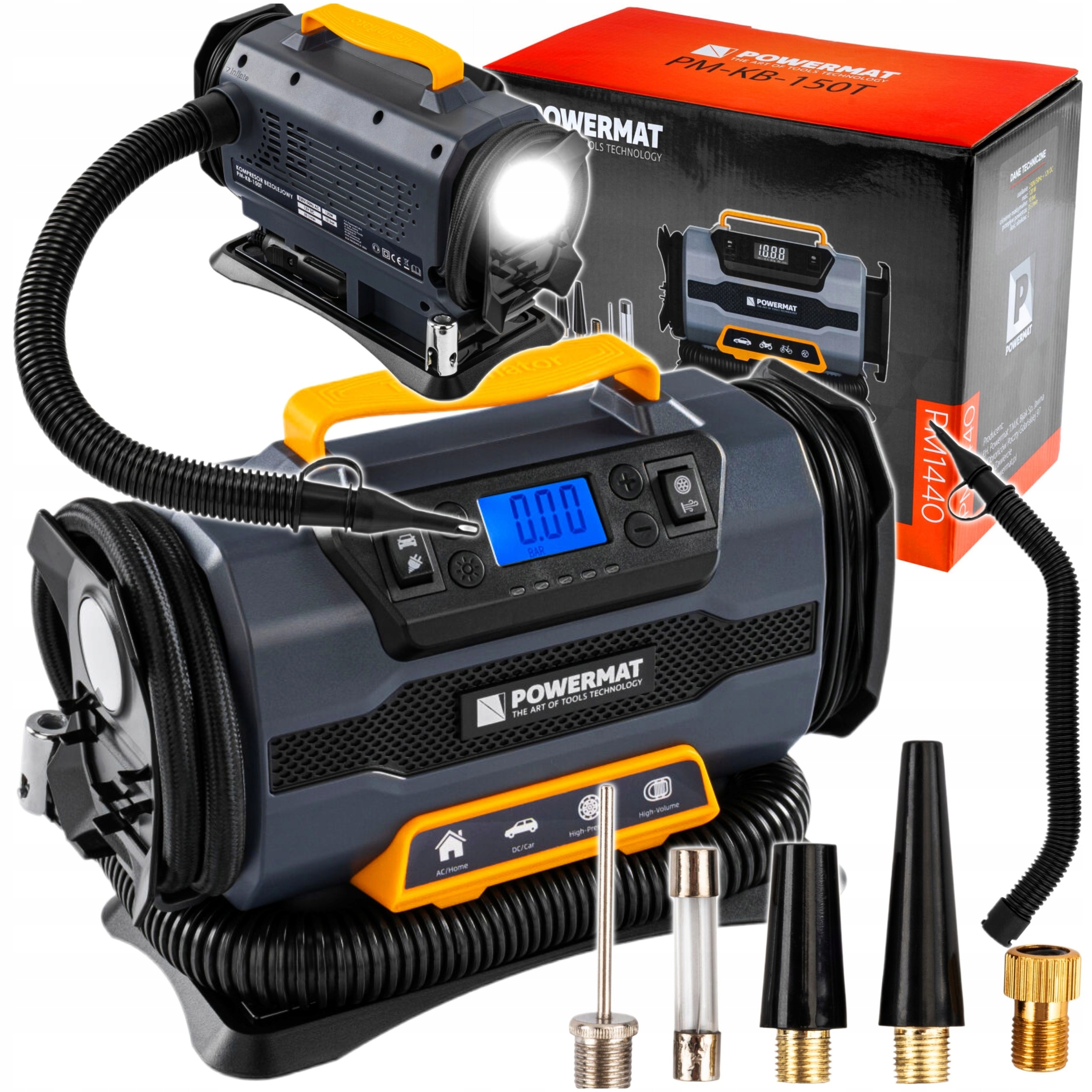 KOMPRESOR SAMOCHODOWY 1200W 12V 230V 10BAR LCD LATARKA + NASADKI PM-KB-150T