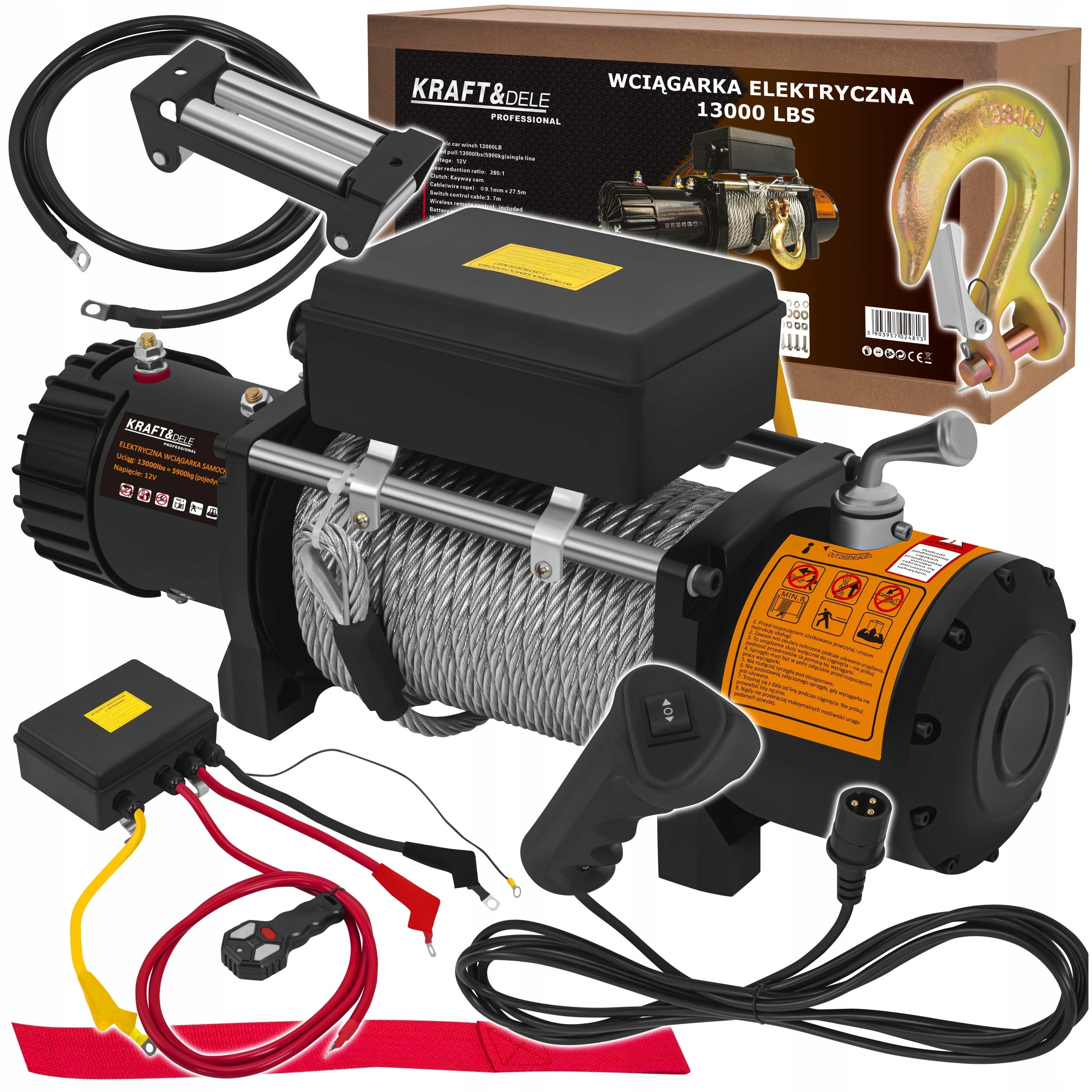 ELEKTRYCZNA WCIĄGARKA WYCIĄGARKA SAMOCHODOWA 5000W 5900KG 12V HAK LINA STAL