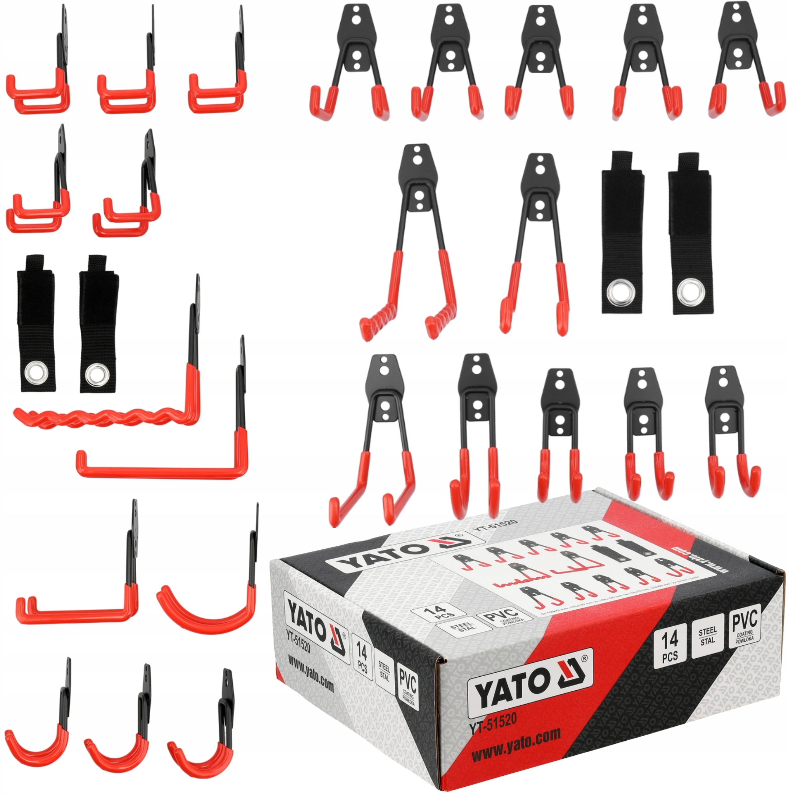 YATO ZESTAW HAKÓW GARAŻOWYCH 14 SZTUK Z POWŁKOKĄ OCHRONNĄ PVC YT-51520