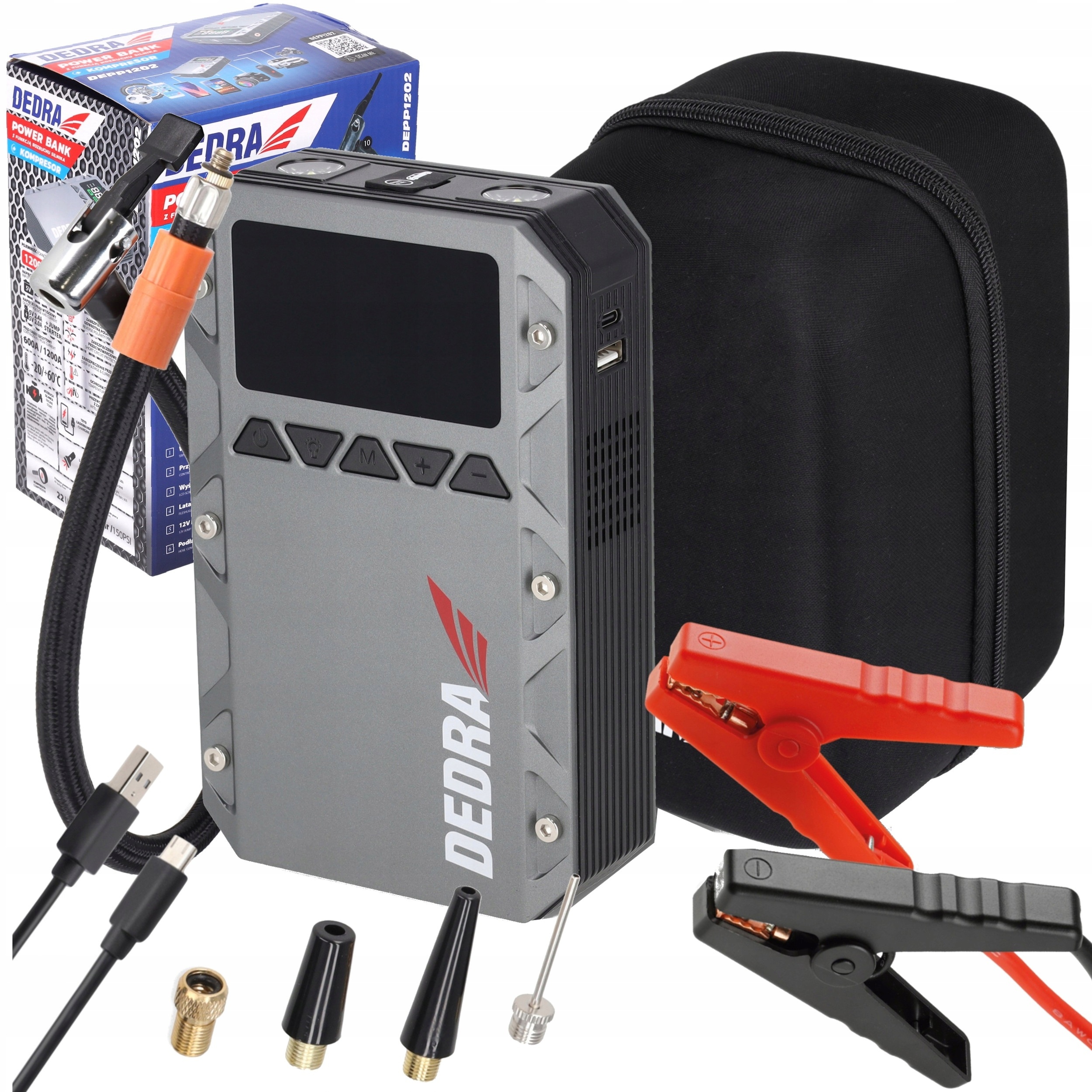 URZĄDZENIE ROZRUCHOWE BOOSTER 12V KOMPRESOR SAMOCHODOWY POWERBANK 12000MAH