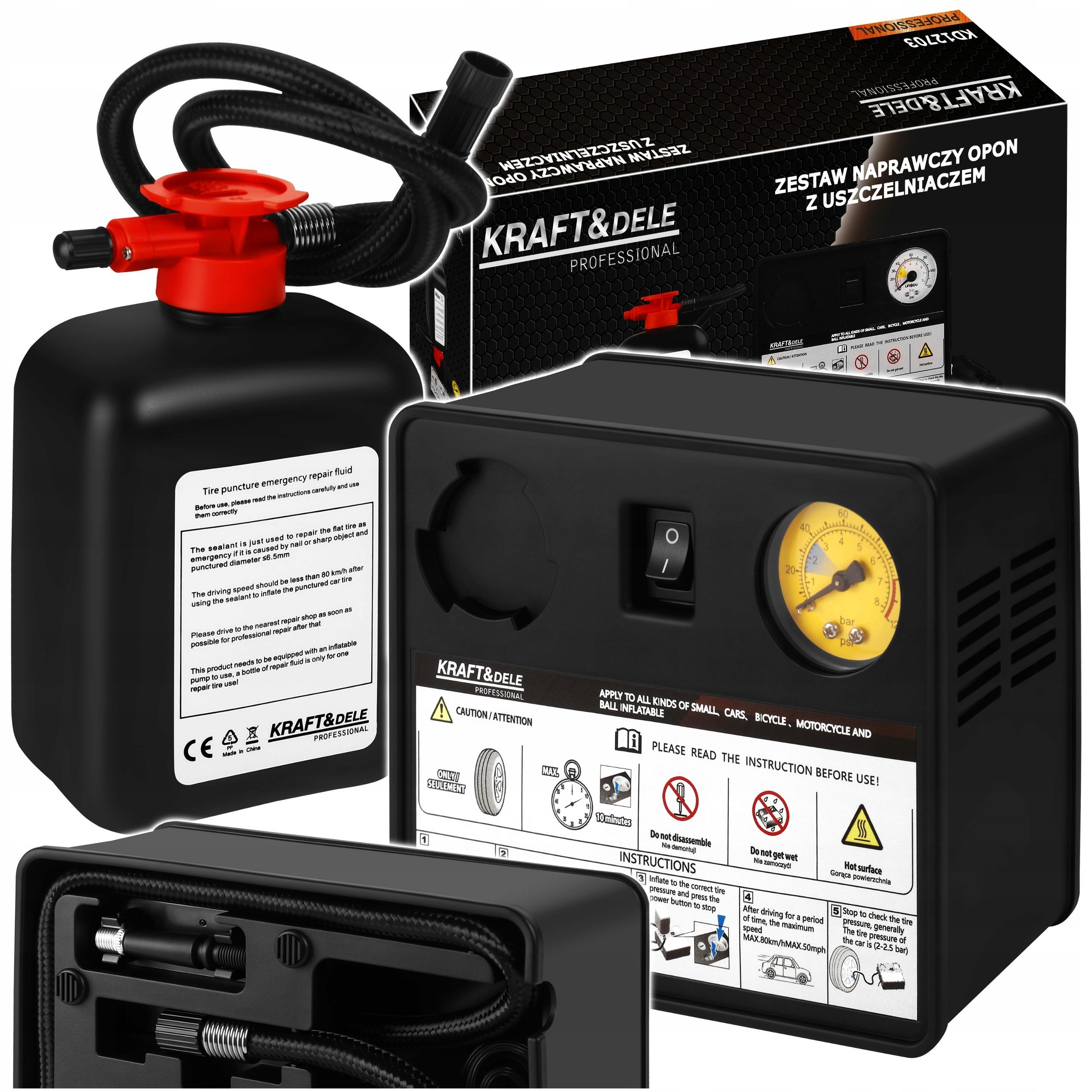 ZESTAW NAPRAWCZY DO OPON 12V 120W 10 bar KOMPRESOR USZCZELNIACZ 450 ml